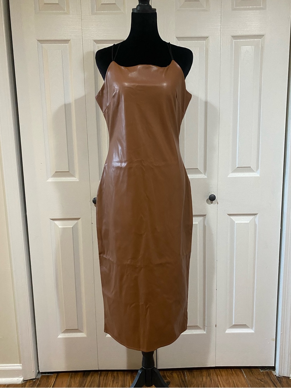 Caramel PU Leather Slit Midi Dress